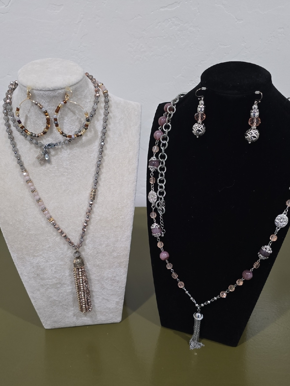 Elegant Set Of Gold and Silver Beaded Tassel Necklace Set - Women Jewelry